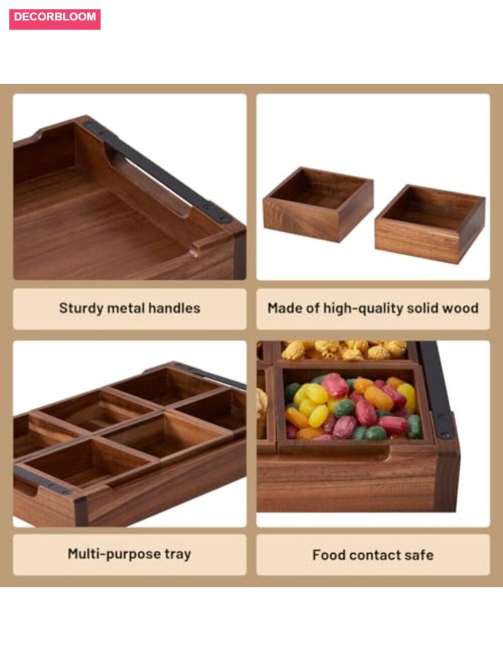 Acacia Wood Divided Serving Tray with Handles Large Platter - Picture 4 of 6